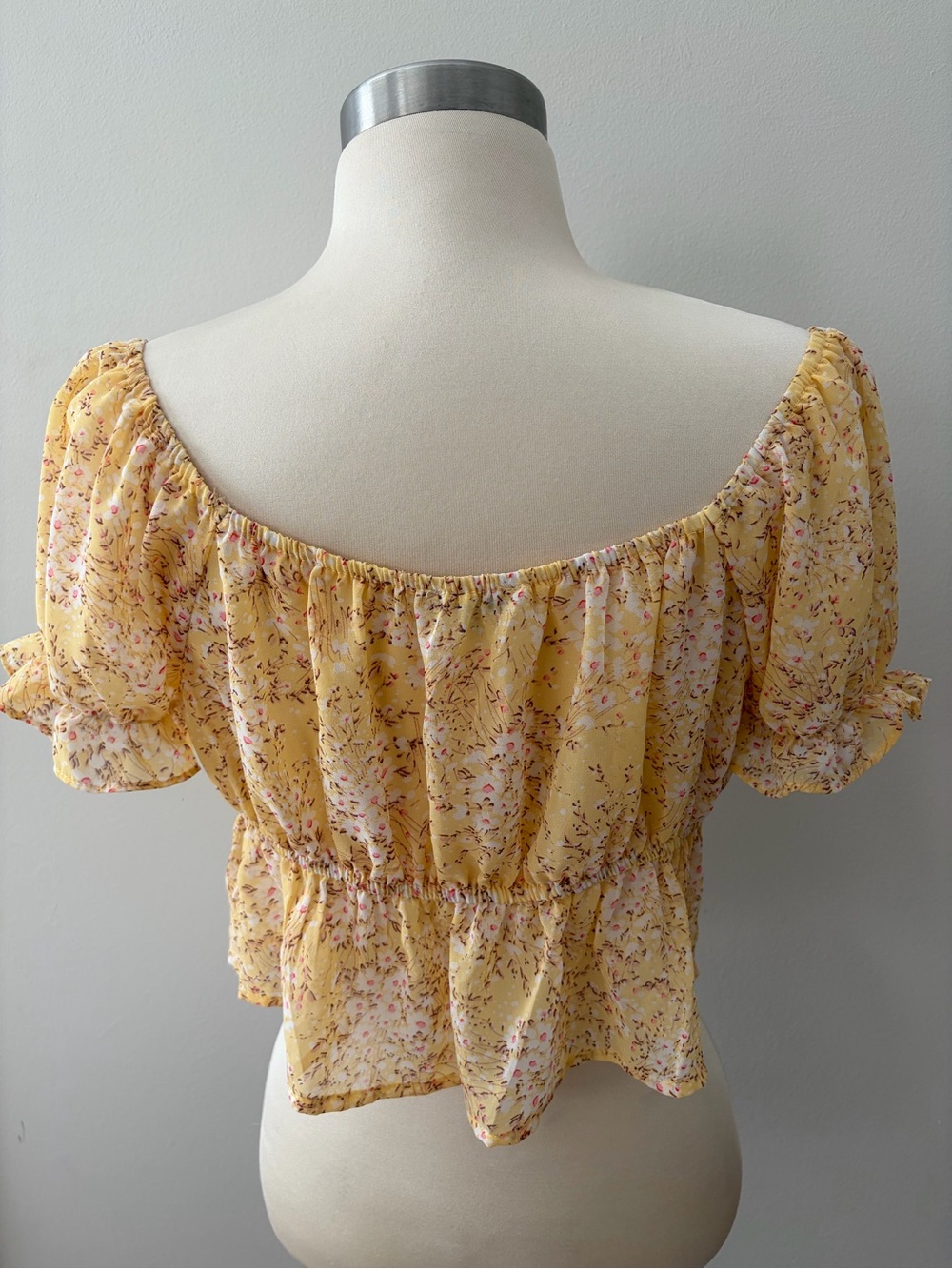 Love Tree Yellow Floral Tie-Front Puff Sleeve Crop Top M Cottagecore Coquette - Picture 5 of 9